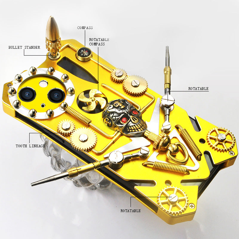 For iPhone 15 Pro Max Metal Gear Kickstand Phone Case Skull Toy Steampunk Shockproof Cover
