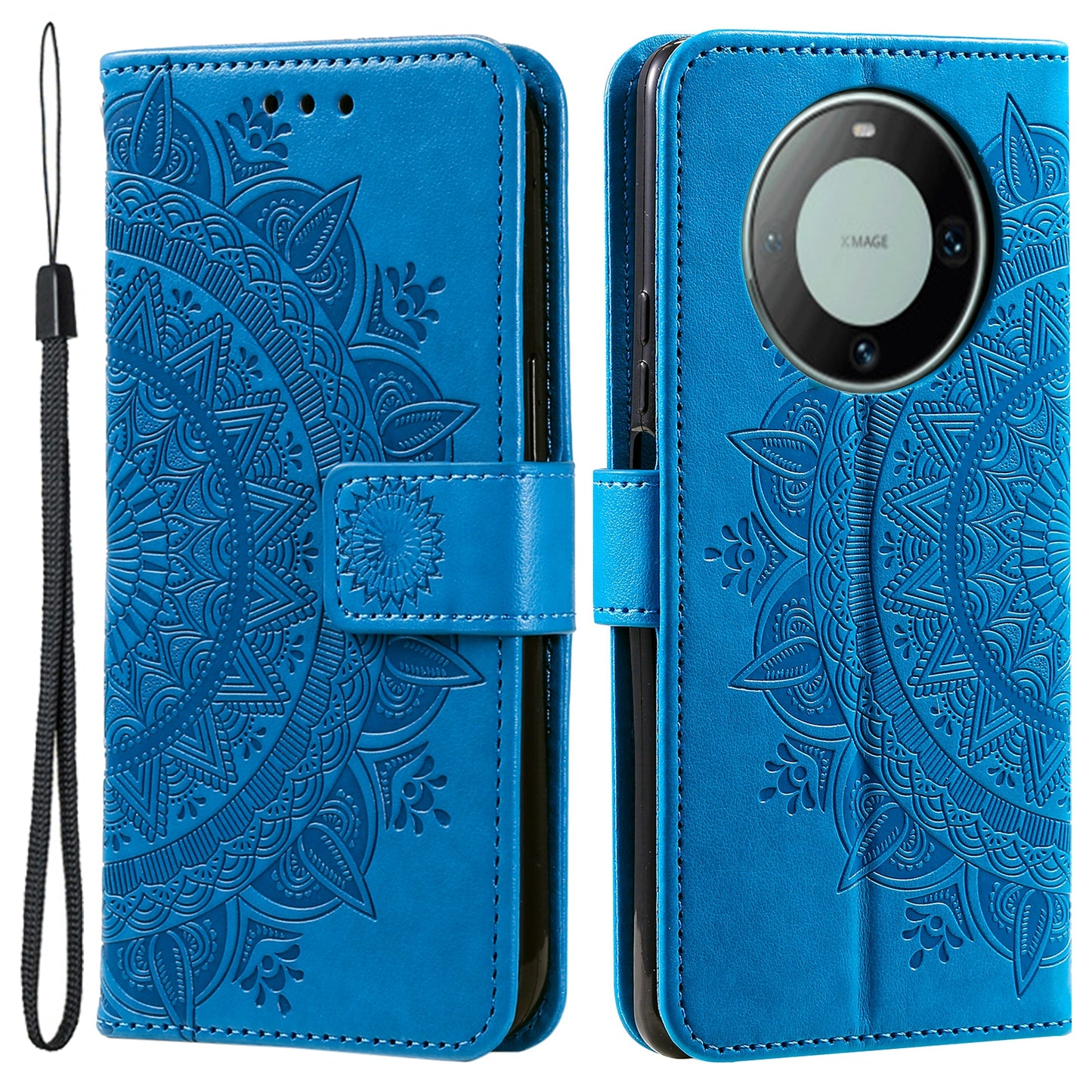 For Huawei Mate 60 Wallet PU Leather Phone Case Mandala Flower Imprinted Stand Cover with Strap