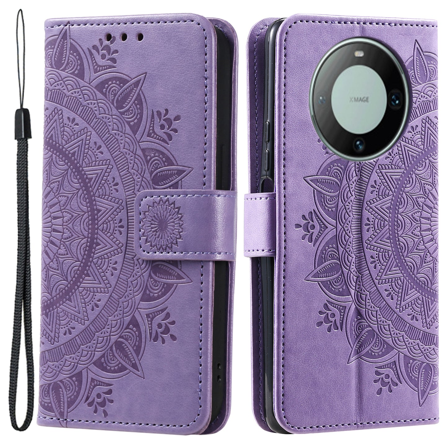 For Huawei Mate 60 Wallet PU Leather Phone Case Mandala Flower Imprinted Stand Cover with Strap
