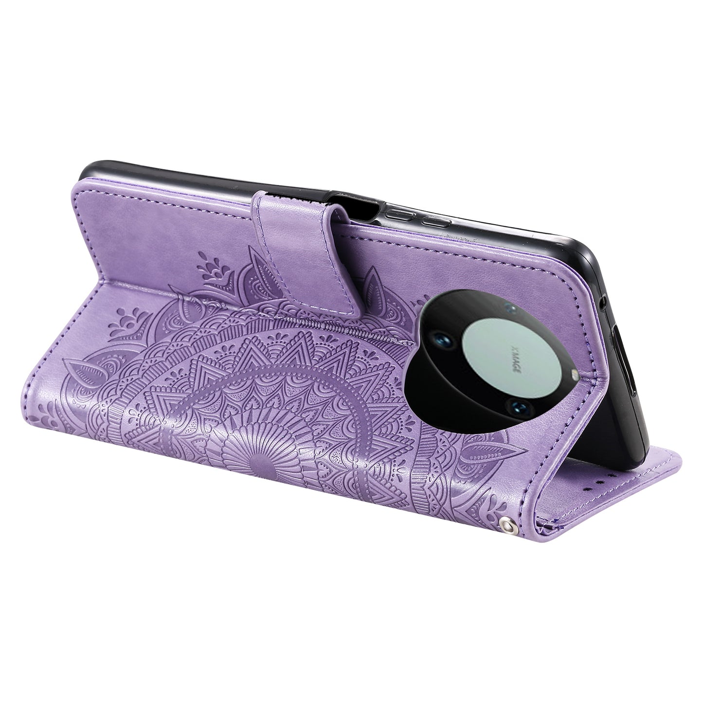 For Huawei Mate 60 Wallet PU Leather Phone Case Mandala Flower Imprinted Stand Cover with Strap