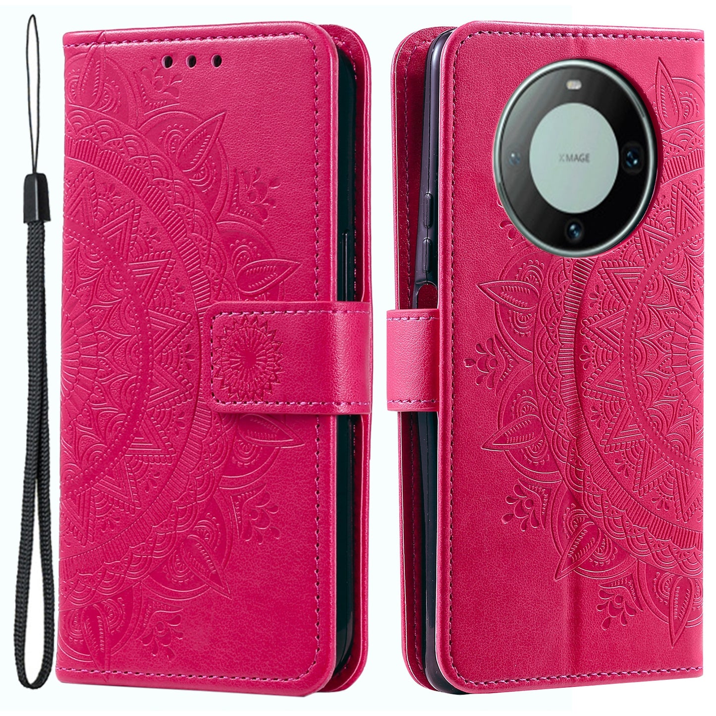 For Huawei Mate 60 Wallet PU Leather Phone Case Mandala Flower Imprinted Stand Cover with Strap