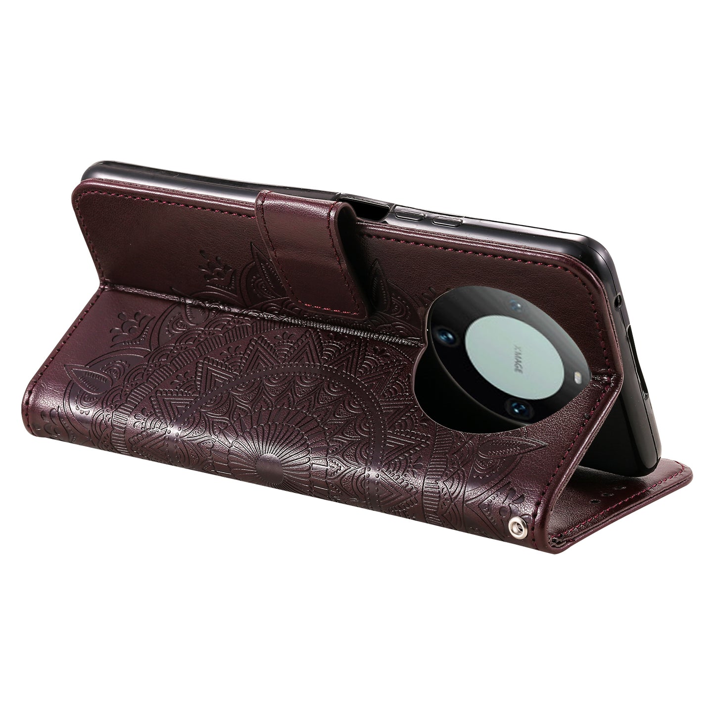 For Huawei Mate 60 Wallet PU Leather Phone Case Mandala Flower Imprinted Stand Cover with Strap