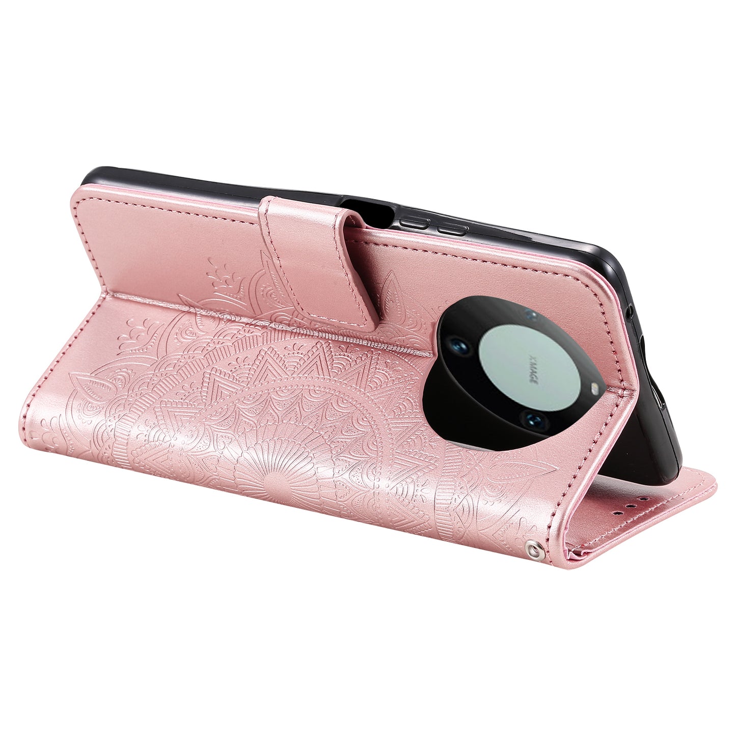 For Huawei Mate 60 Wallet PU Leather Phone Case Mandala Flower Imprinted Stand Cover with Strap