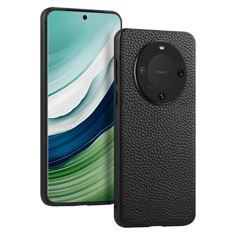 For Huawei Mate 60 PC+TPU Phone Case Genuine Cow Leather Coated Mobile Phone Protective Back Cover