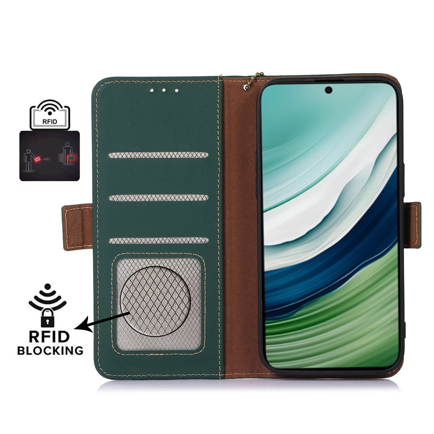 For Huawei Mate 60 RFID Blocking Genuine Cow Leather Case Silky Feeling Phone Stand Wallet Cover