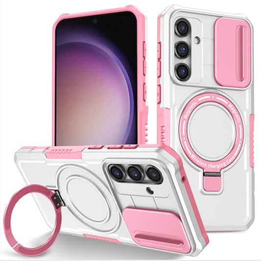 Compatible with MagSafe PC+TPU Case for Samsung Galaxy S23 FE Kickstand Anti-Drop Phone Shell with Sliding Lens Cover
