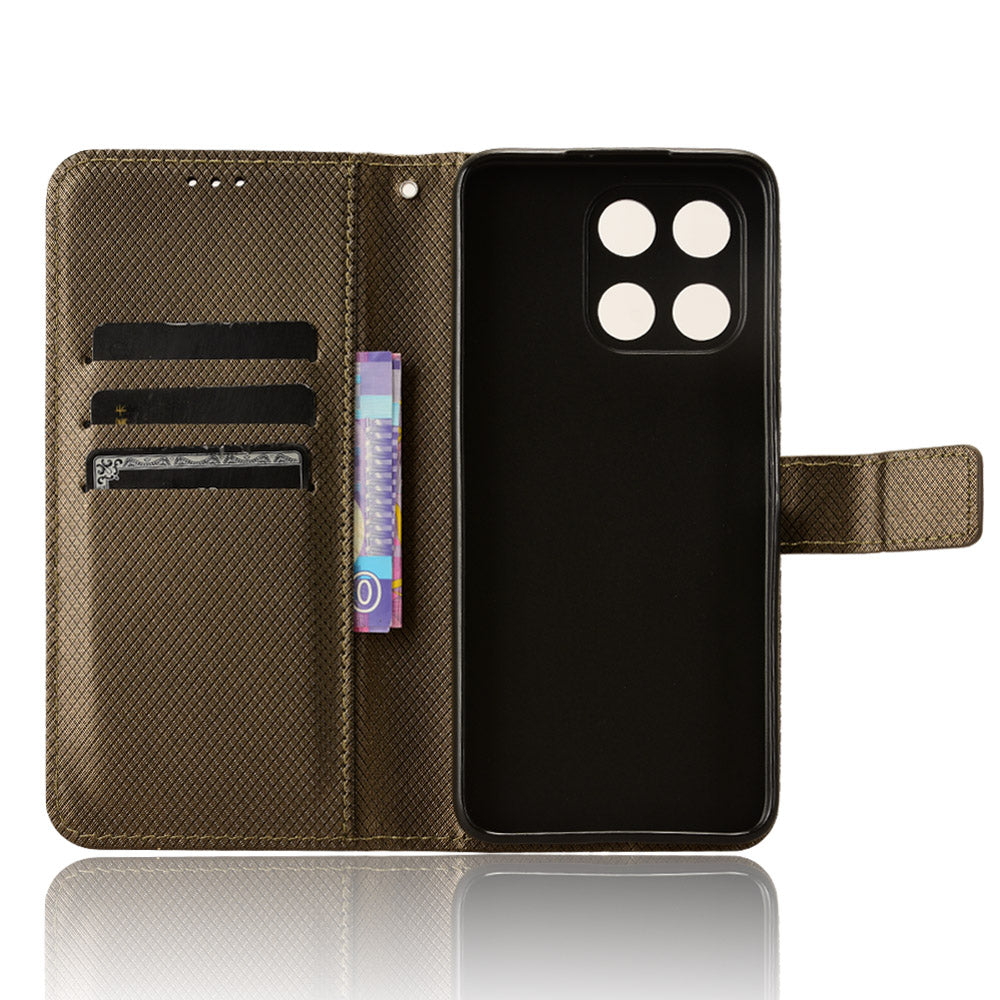 For Honor X6a 4G PU Leather Phone Case Diamond Texture Stand Protective Cell Phone Cover