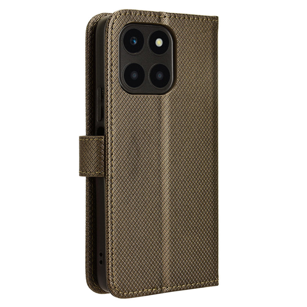For Honor X6a 4G PU Leather Phone Case Diamond Texture Stand Protective Cell Phone Cover