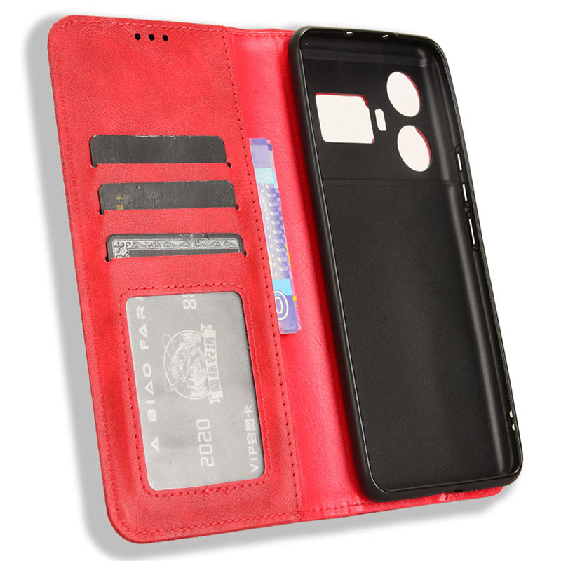 For Realme GT5 5G Retro PU Leather Wallet Case Folding Stand Drop-proof Phone Cover