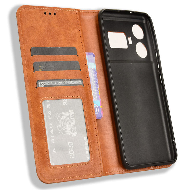 For Realme GT5 5G Retro PU Leather Wallet Case Folding Stand Drop-proof Phone Cover