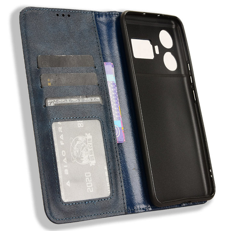 For Realme GT5 5G Retro PU Leather Wallet Case Folding Stand Drop-proof Phone Cover