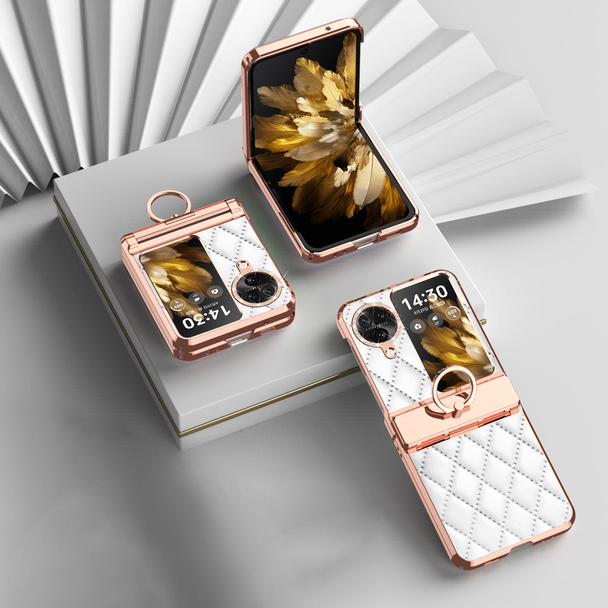 For Oppo Find N3 Flip 5G Imprinted PU+PC Phone Case Rhinestone Ring Kickstand Electroplating Phone Cover