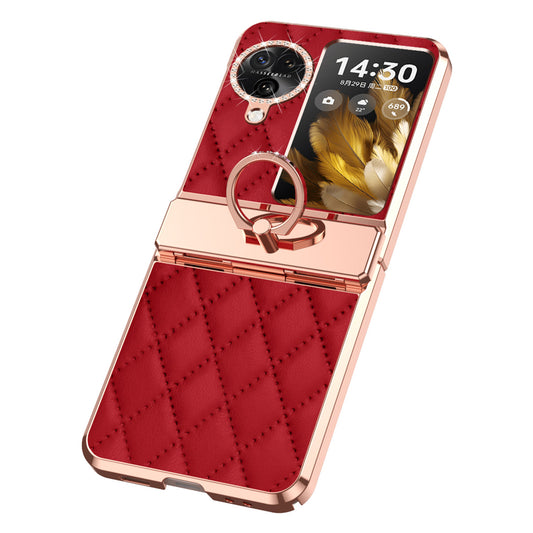 For Oppo Find N3 Flip 5G Imprinted PU+PC Phone Case Rhinestone Ring Kickstand Electroplating Phone Cover