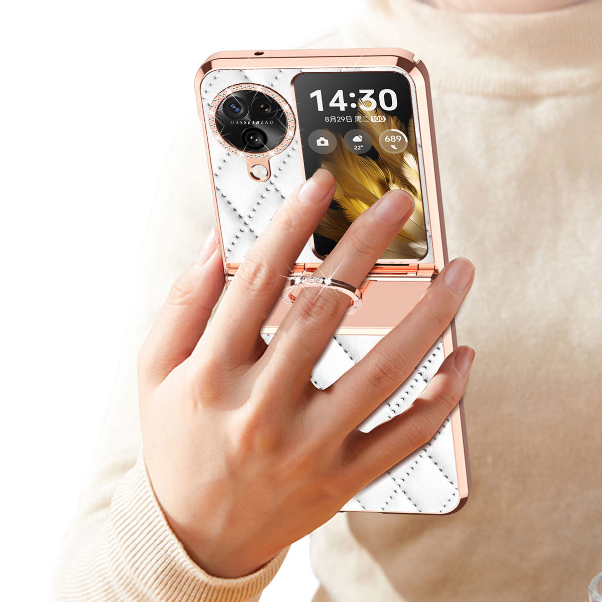 For Oppo Find N3 Flip 5G Imprinted PU+PC Phone Case Rhinestone Ring Kickstand Electroplating Phone Cover