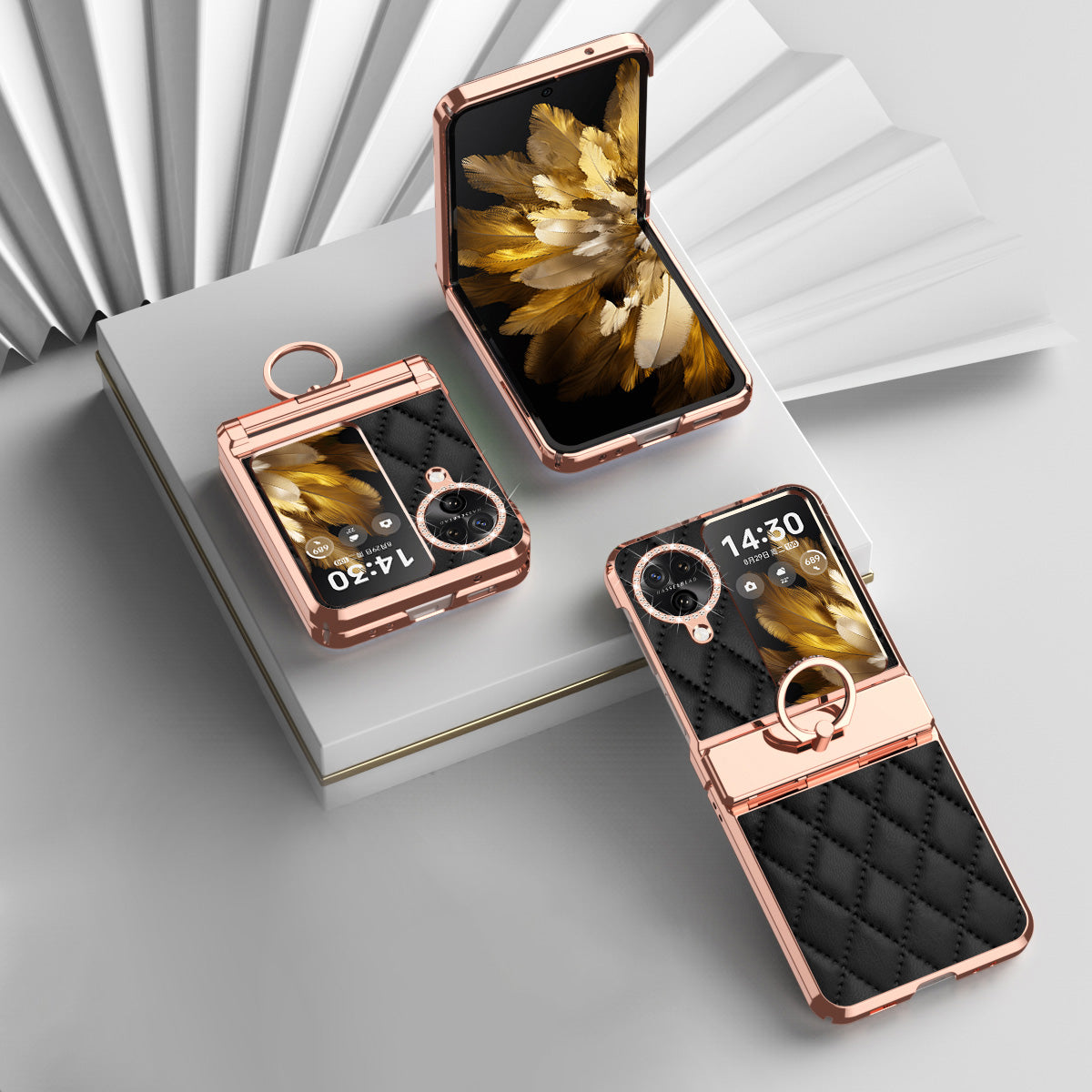 For Oppo Find N3 Flip 5G Imprinted PU+PC Phone Case Rhinestone Ring Kickstand Electroplating Phone Cover