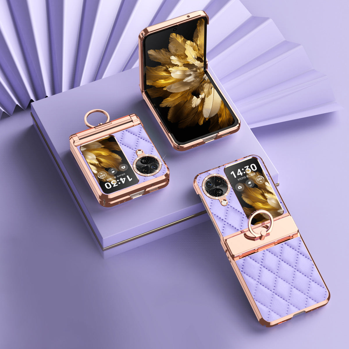 For Oppo Find N3 Flip 5G Imprinted PU+PC Phone Case Rhinestone Ring Kickstand Electroplating Phone Cover