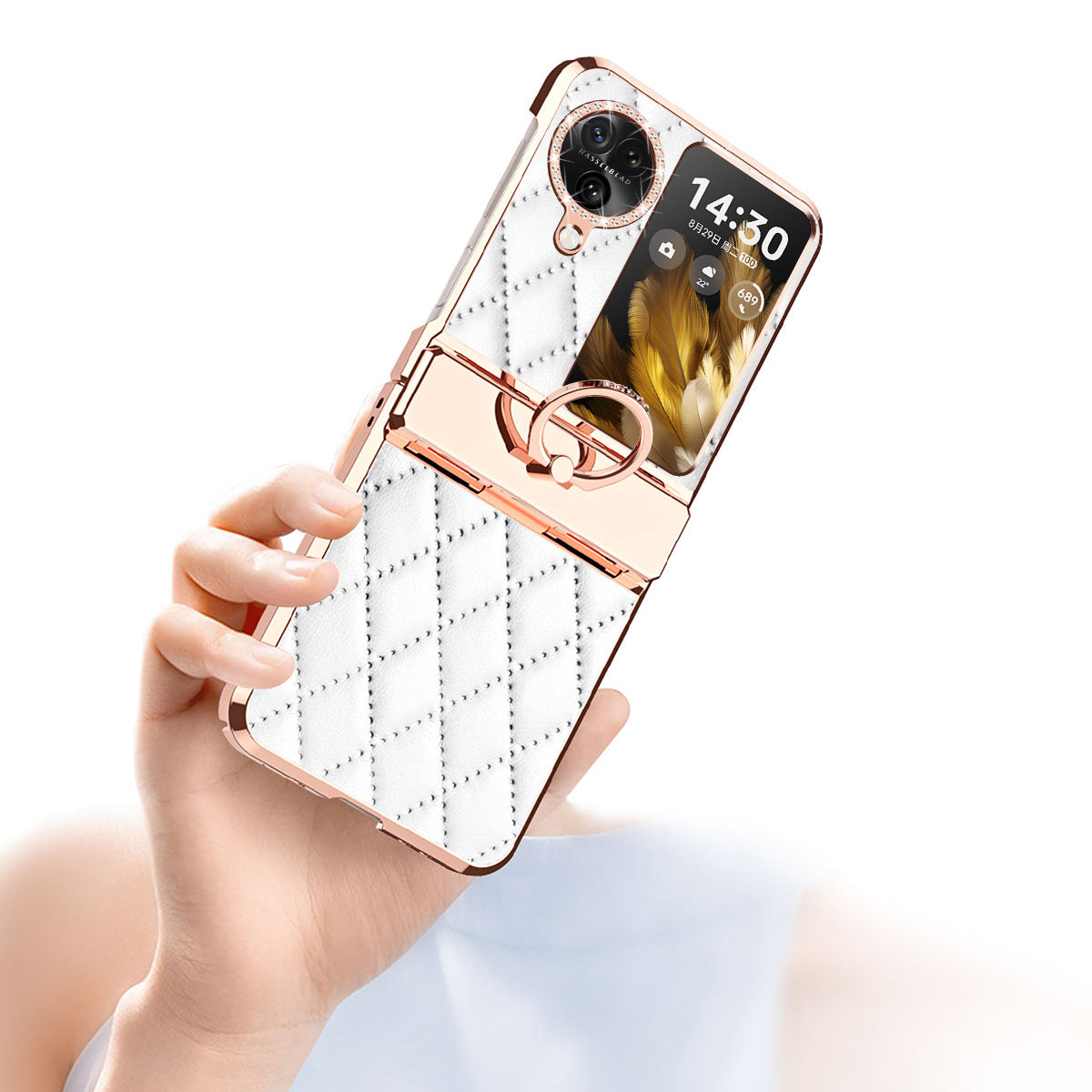 For Oppo Find N3 Flip 5G Imprinted PU+PC Phone Case Rhinestone Ring Kickstand Electroplating Phone Cover