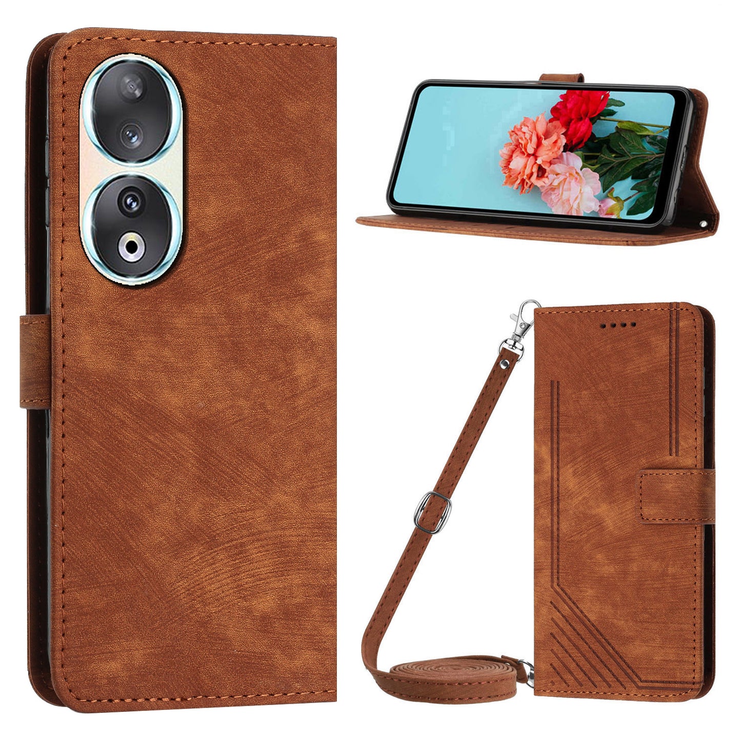 For Honor 90 Case Wallet Stand Crossbody Leather Phone Cover with Shoulder Strap