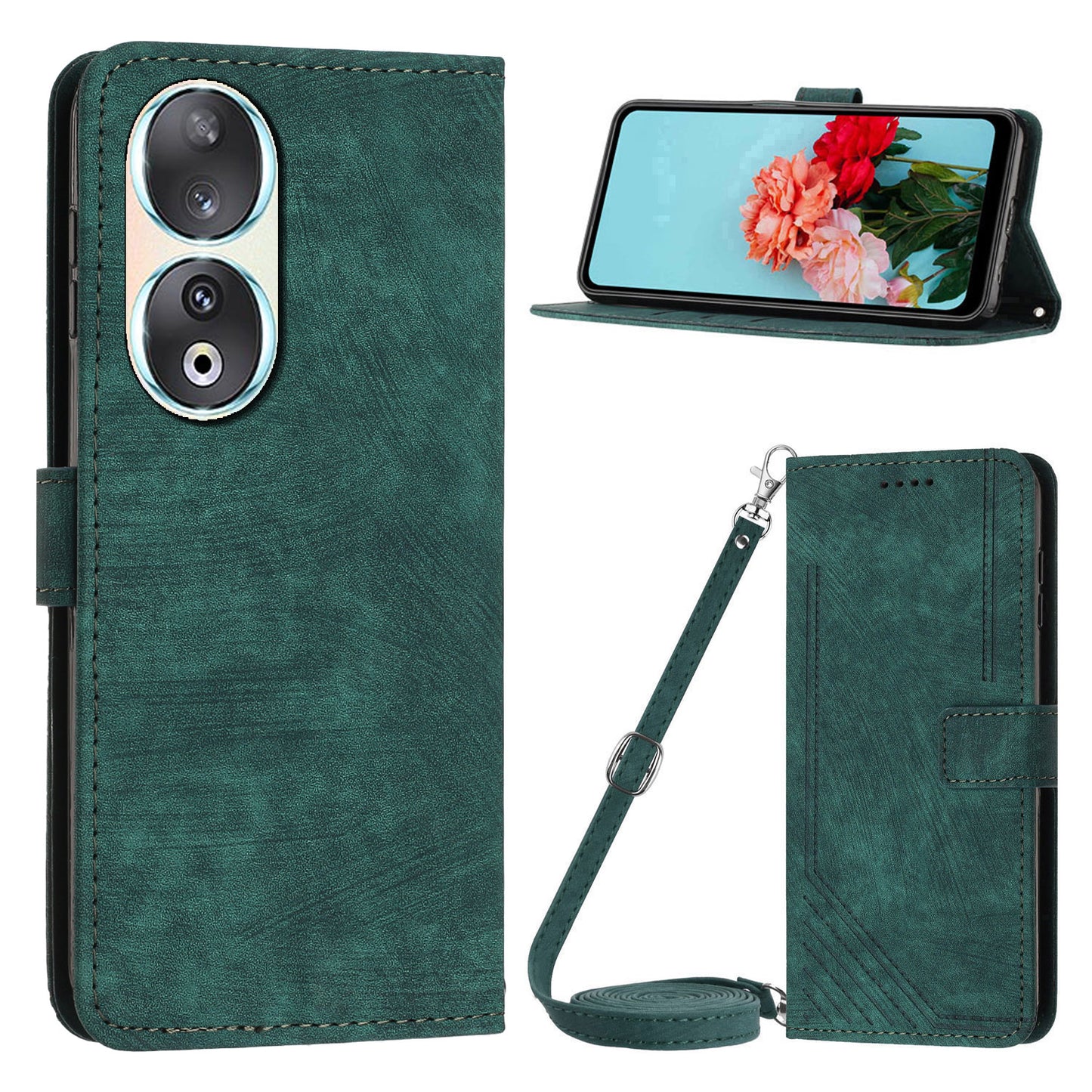 For Honor 90 Case Wallet Stand Crossbody Leather Phone Cover with Shoulder Strap