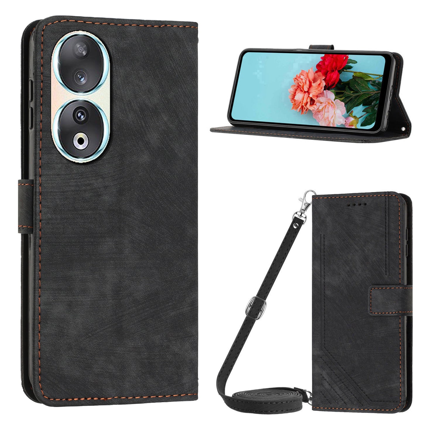 For Honor 90 Case Wallet Stand Crossbody Leather Phone Cover with Shoulder Strap