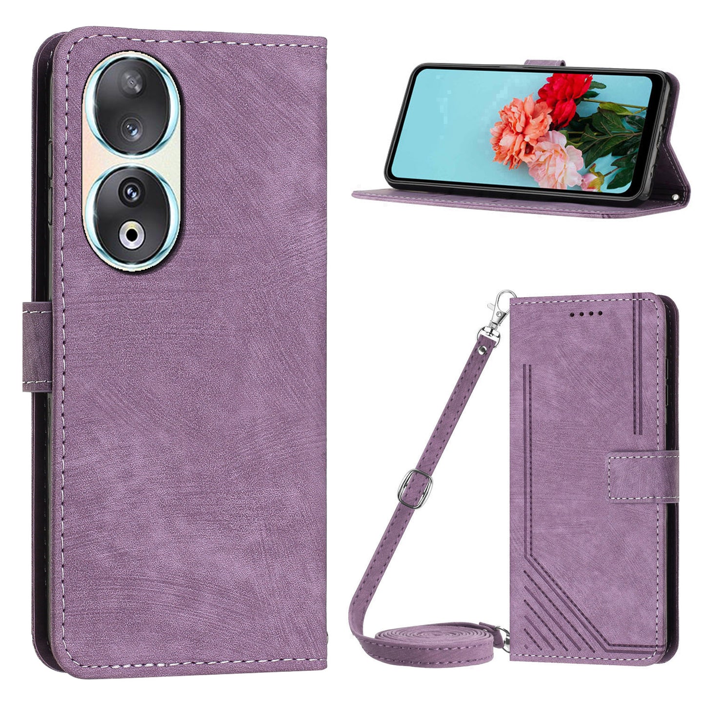 For Honor 90 Case Wallet Stand Crossbody Leather Phone Cover with Shoulder Strap