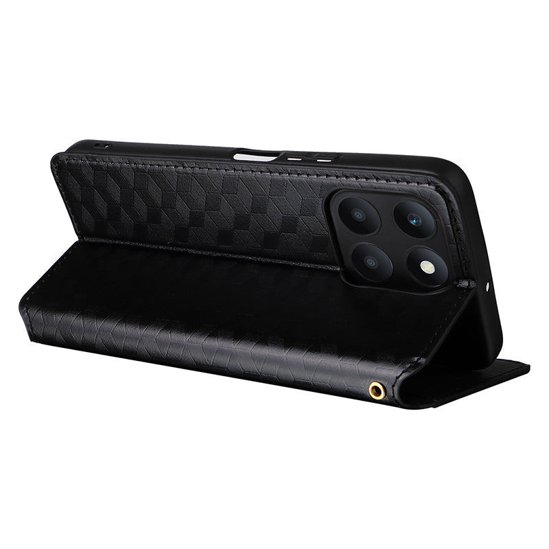 For Honor X6a 4G Slim-Fit PU Leather Stand Cover Rhombus Imprinted Wallet Phone Case Shell