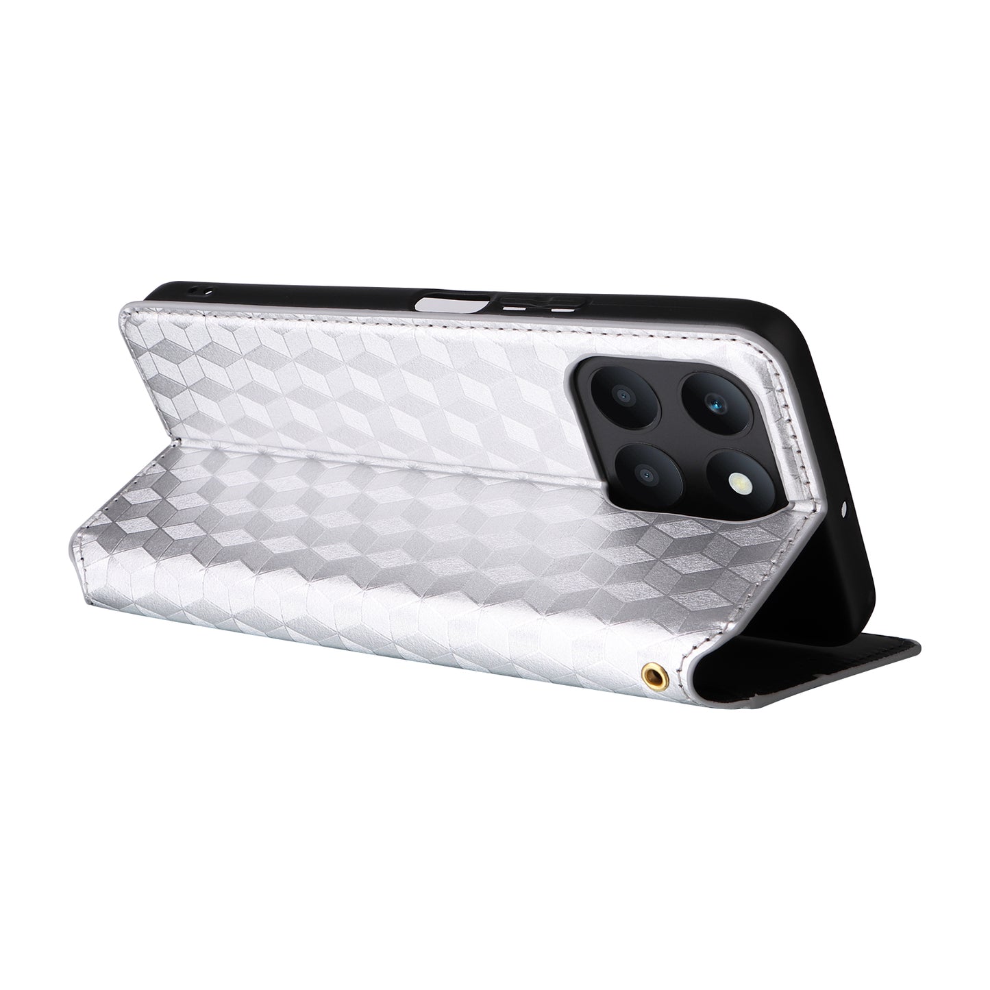 For Honor X6a 4G Slim-Fit PU Leather Stand Cover Rhombus Imprinted Wallet Phone Case Shell