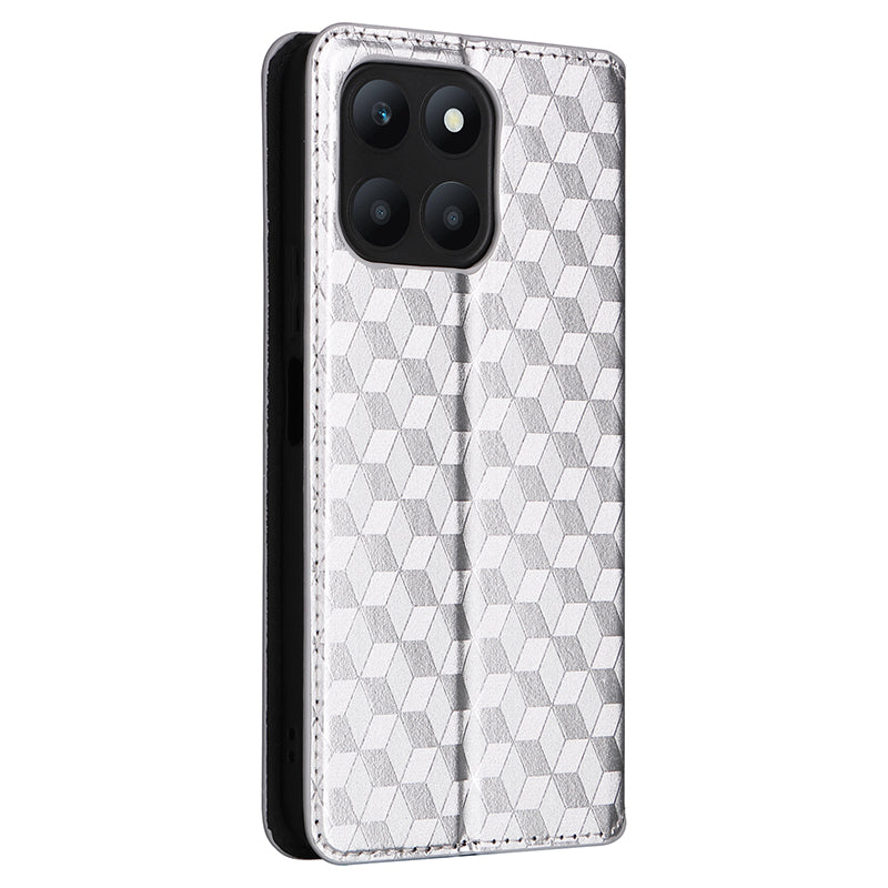 For Honor X6a 4G Slim-Fit PU Leather Stand Cover Rhombus Imprinted Wallet Phone Case Shell