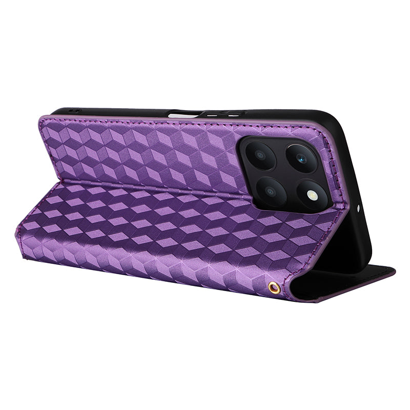For Honor X6a 4G Slim-Fit PU Leather Stand Cover Rhombus Imprinted Wallet Phone Case Shell