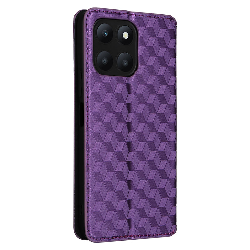 For Honor X6a 4G Slim-Fit PU Leather Stand Cover Rhombus Imprinted Wallet Phone Case Shell