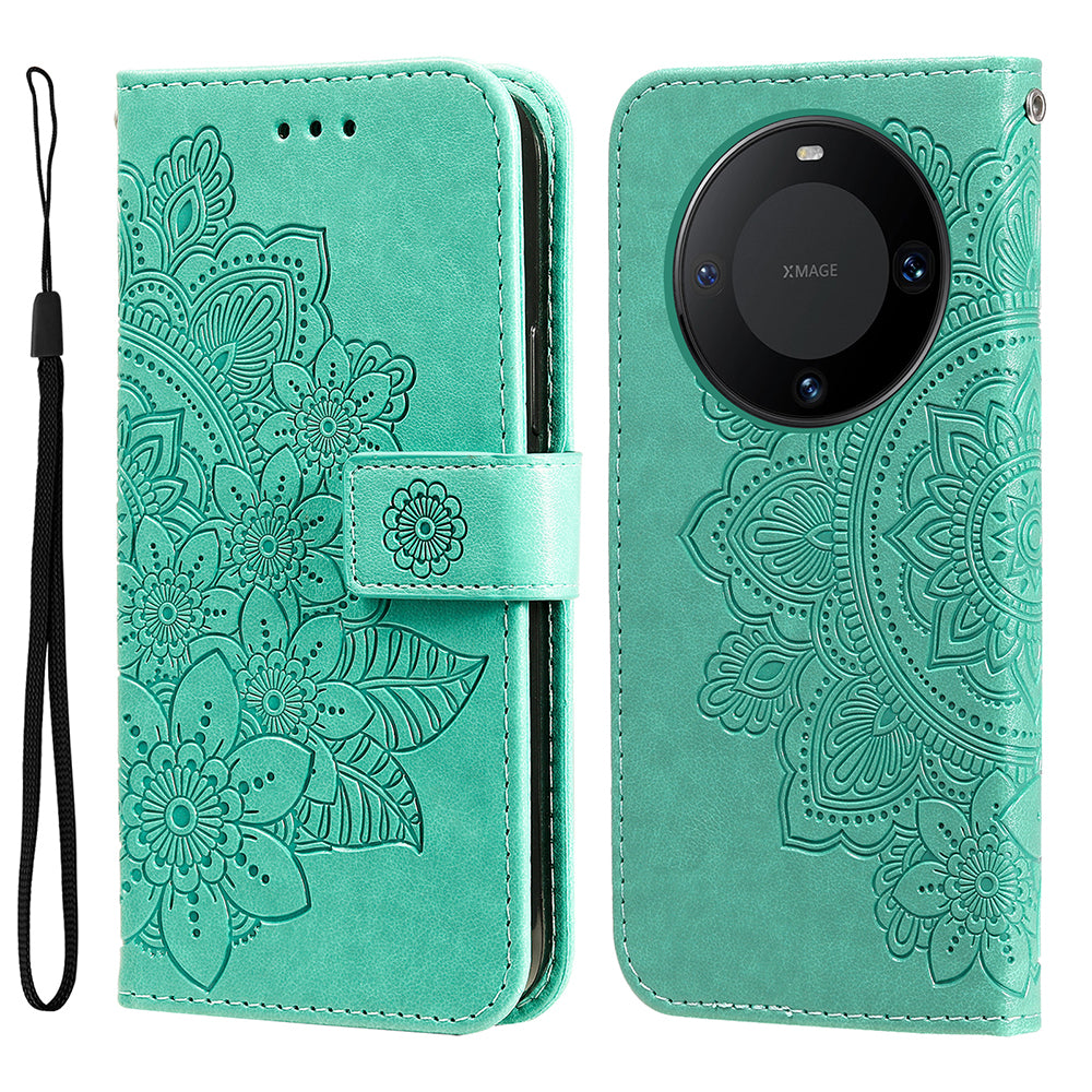 For Huawei Mate 60 Pro Case Flower Imprinted PU Leather Stand Cover Anti-drop Wallet