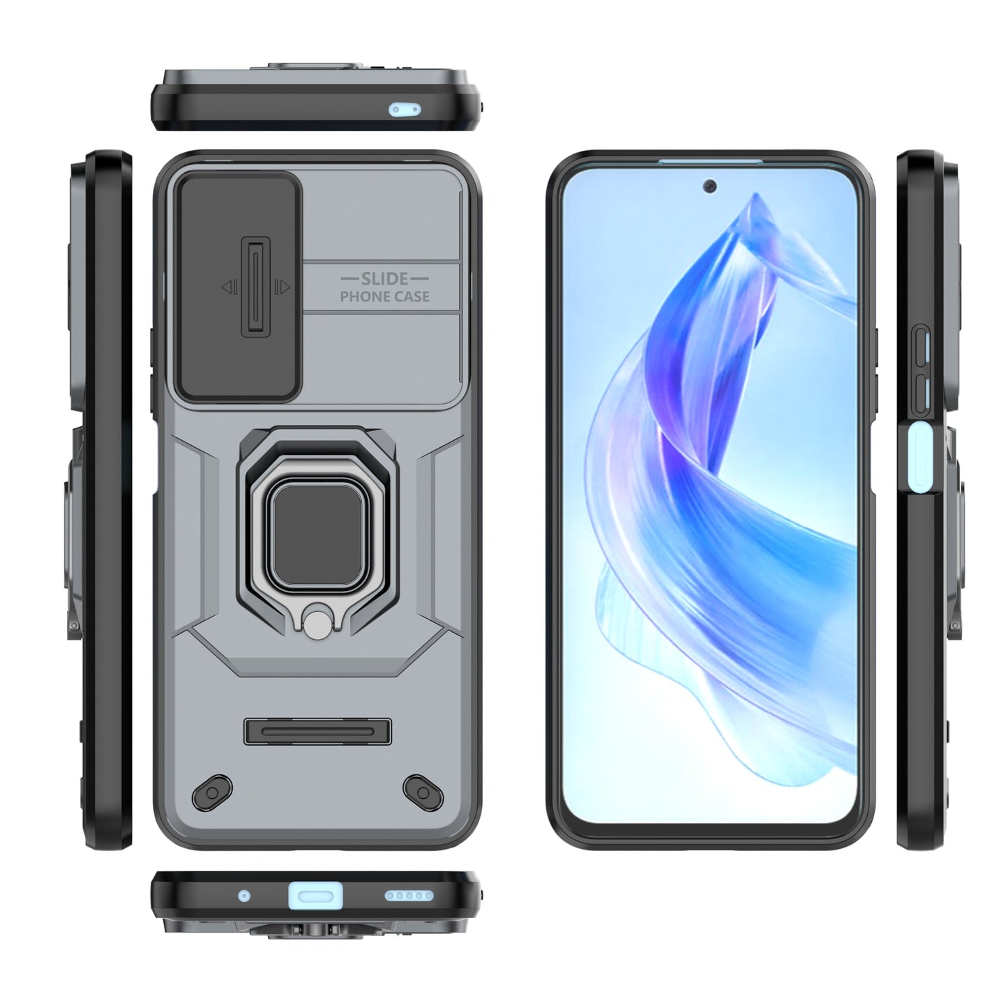 For Honor 90 Lite 5G / X50i 5G Case PC+TPU Slide Camera Lid Phone Cover with Kickstand