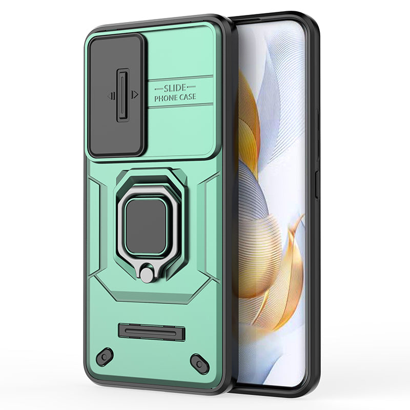 For Honor 90 Case PC+TPU Ring Kickstand Cellphone Cover with Slide Lens Guard