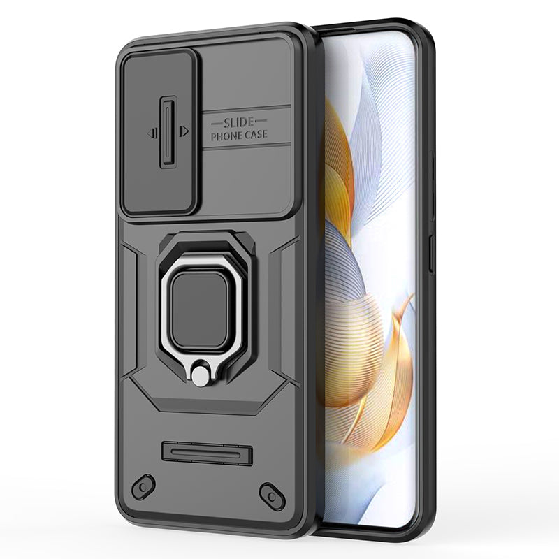 For Honor 90 Case PC+TPU Ring Kickstand Cellphone Cover with Slide Lens Guard