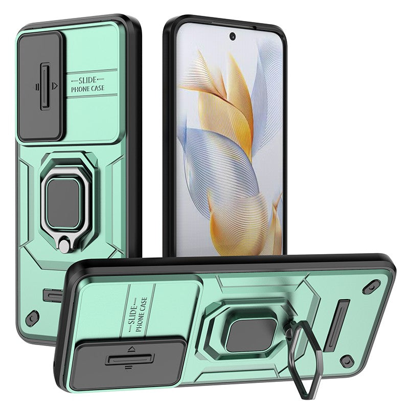 For Honor 90 Pro Cover Slide Lens Lid PC+TPU Phone Back Case with Kickstand