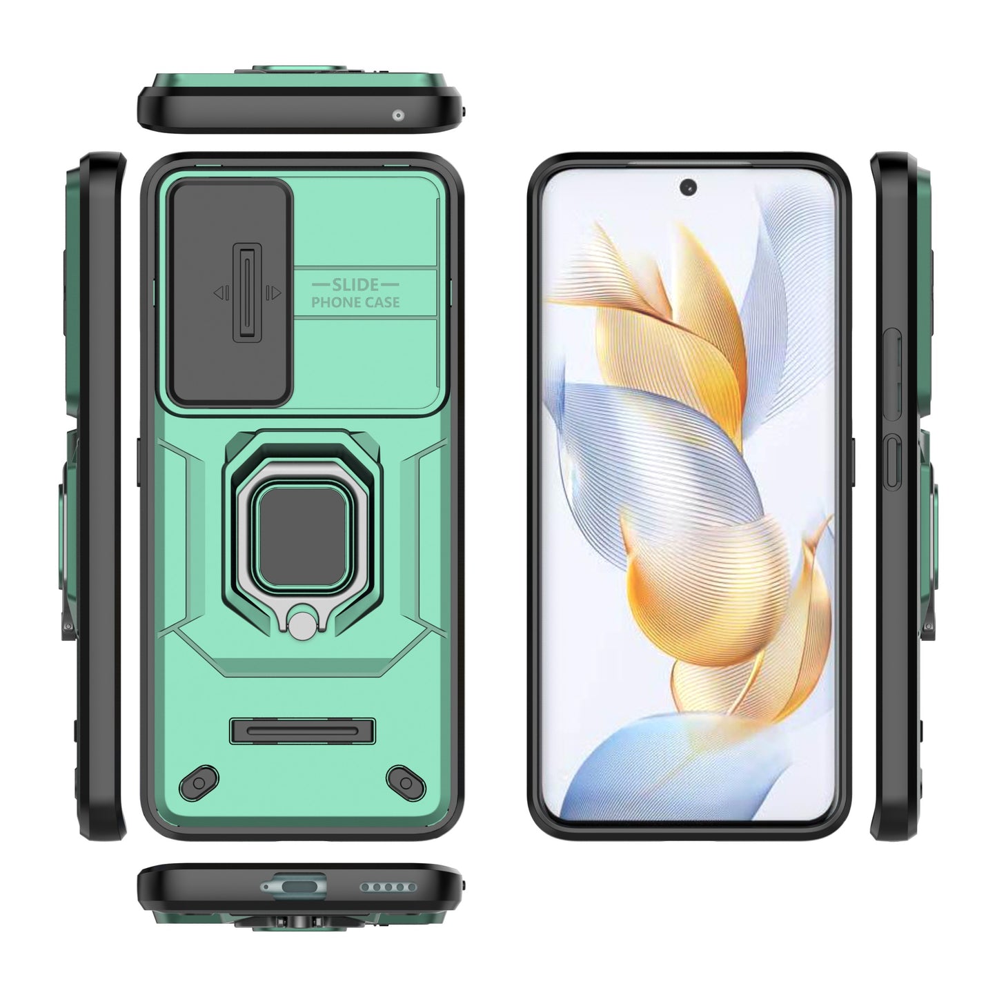 For Honor 90 Pro Cover Slide Lens Lid PC+TPU Phone Back Case with Kickstand