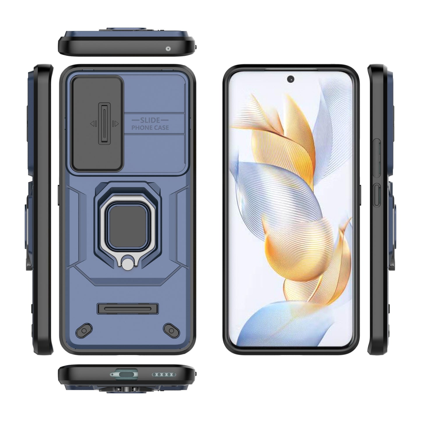 For Honor 90 Pro Cover Slide Lens Lid PC+TPU Phone Back Case with Kickstand