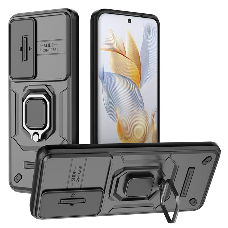 For Honor 90 Pro Cover Slide Lens Lid PC+TPU Phone Back Case with Kickstand
