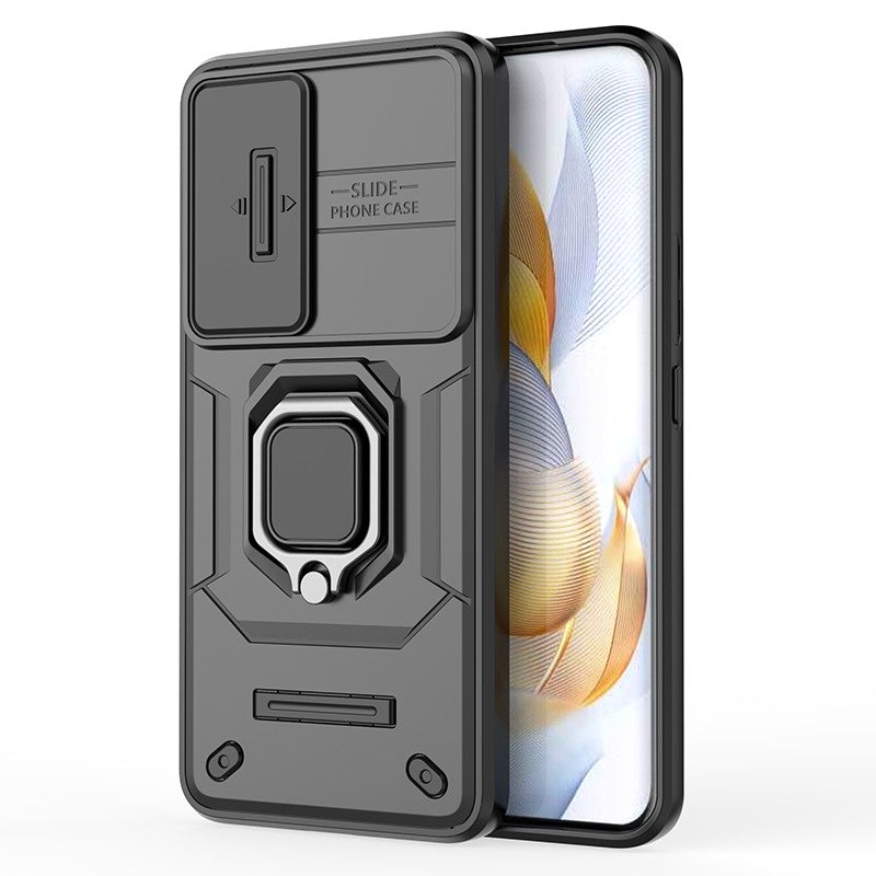 For Honor 90 Pro Cover Slide Lens Lid PC+TPU Phone Back Case with Kickstand