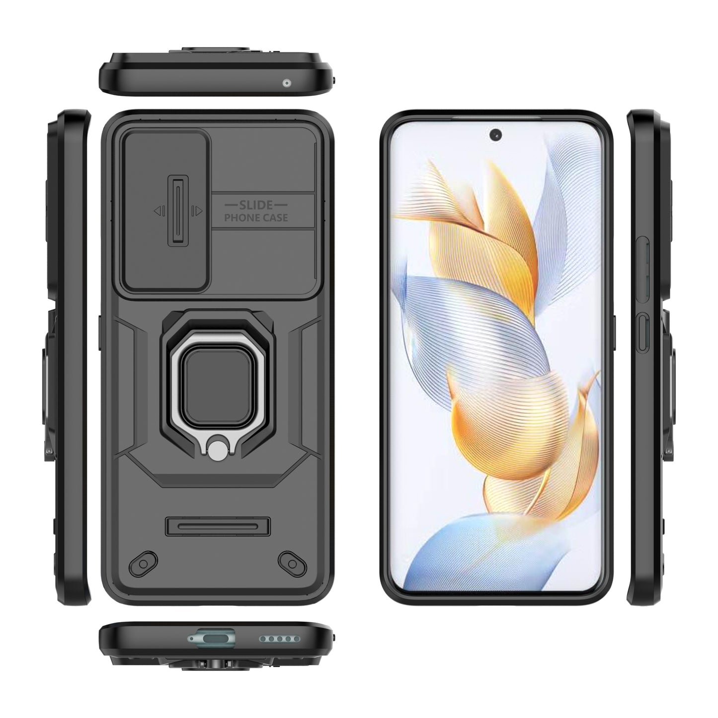 For Honor 90 Pro Cover Slide Lens Lid PC+TPU Phone Back Case with Kickstand