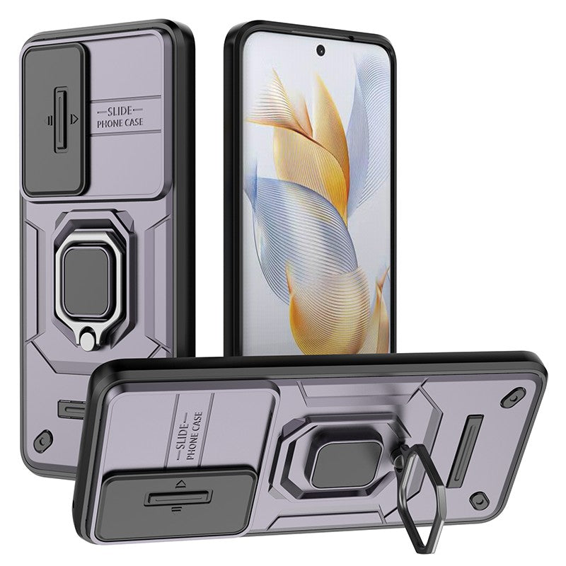 For Honor 90 Pro Cover Slide Lens Lid PC+TPU Phone Back Case with Kickstand
