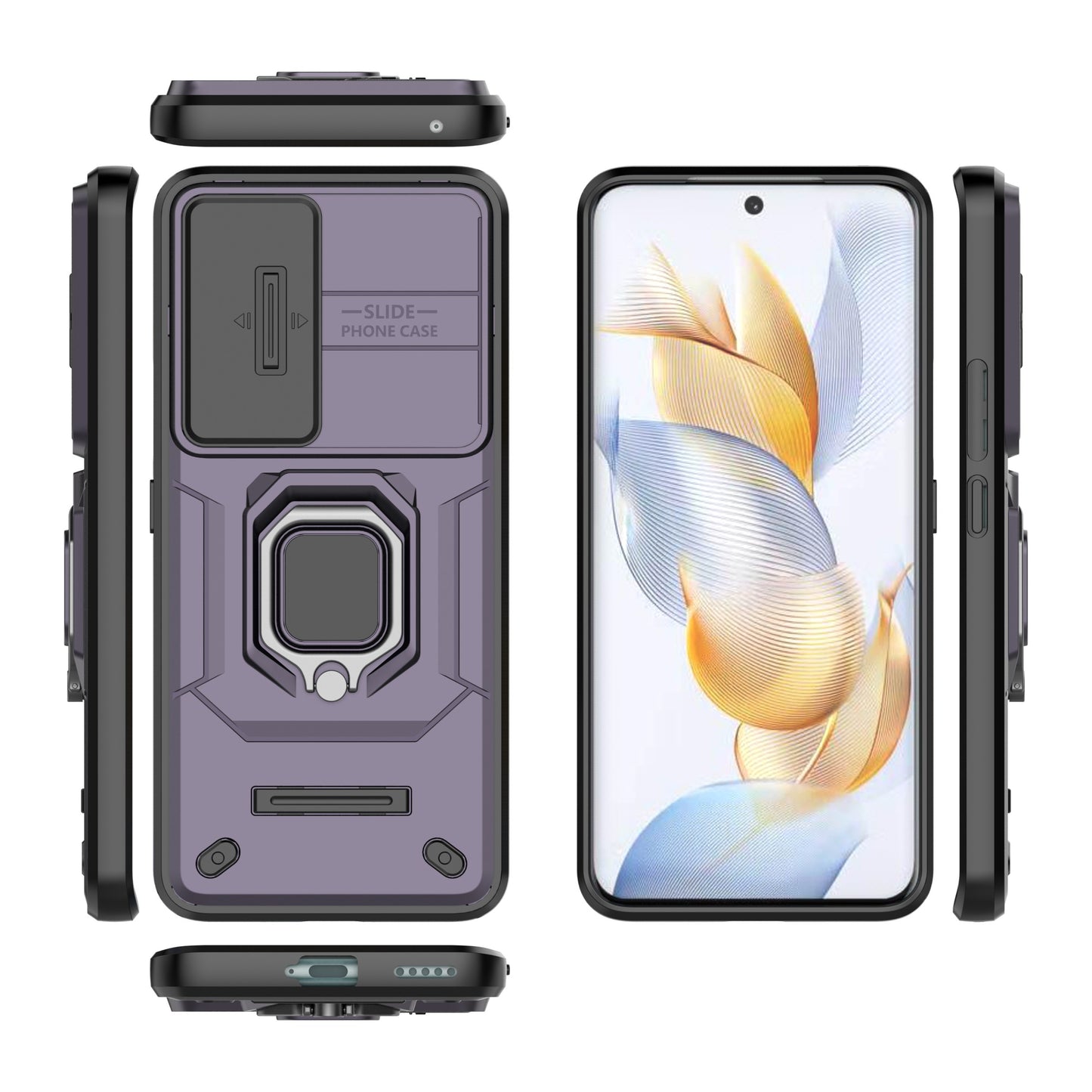 For Honor 90 Pro Cover Slide Lens Lid PC+TPU Phone Back Case with Kickstand