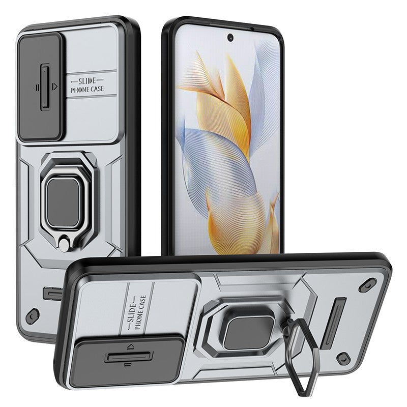 For Honor 90 Pro Cover Slide Lens Lid PC+TPU Phone Back Case with Kickstand