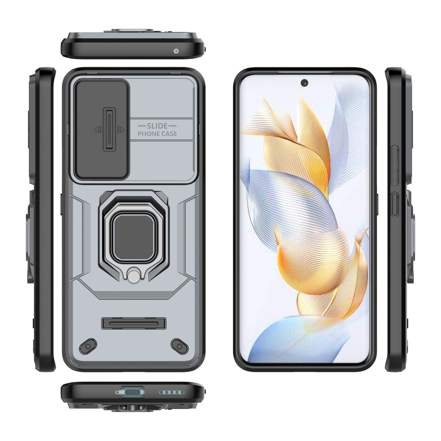 For Honor 90 Pro Cover Slide Lens Lid PC+TPU Phone Back Case with Kickstand