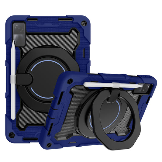 For Xiaomi Redmi Pad 10.6-inch Shock-absorbing Silicone+PC Protective Case Rotating Handle-Kickstand Tablet Cover with Pencil Holder and Shoulder Strap