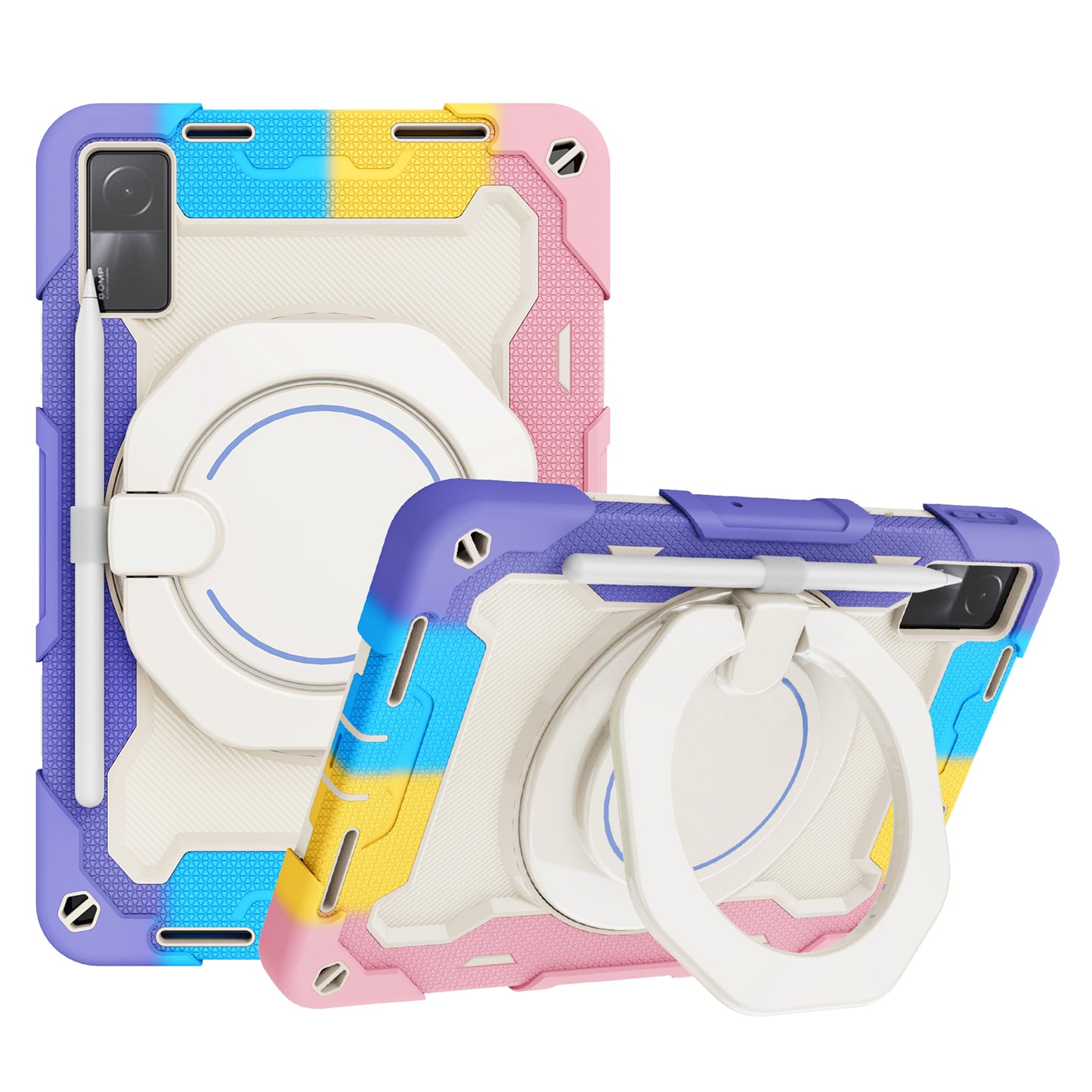 For Xiaomi Redmi Pad 10.6-inch Shock-absorbing Silicone+PC Protective Case Rotating Handle-Kickstand Tablet Cover with Pencil Holder and Shoulder Strap