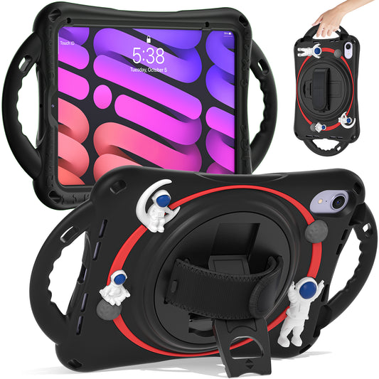 For iPad mini (2021) Hand Strap Rotary Kickstand Tablet Case Astronaut Decor PC+Silicone Tablet Cover