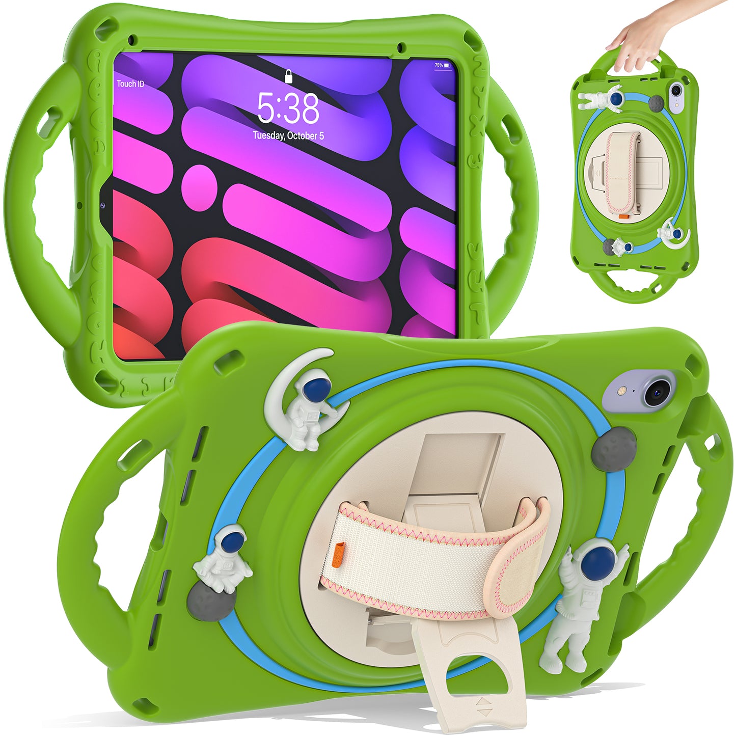 For iPad mini (2021) Hand Strap Rotary Kickstand Tablet Case Astronaut Decor PC+Silicone Tablet Cover