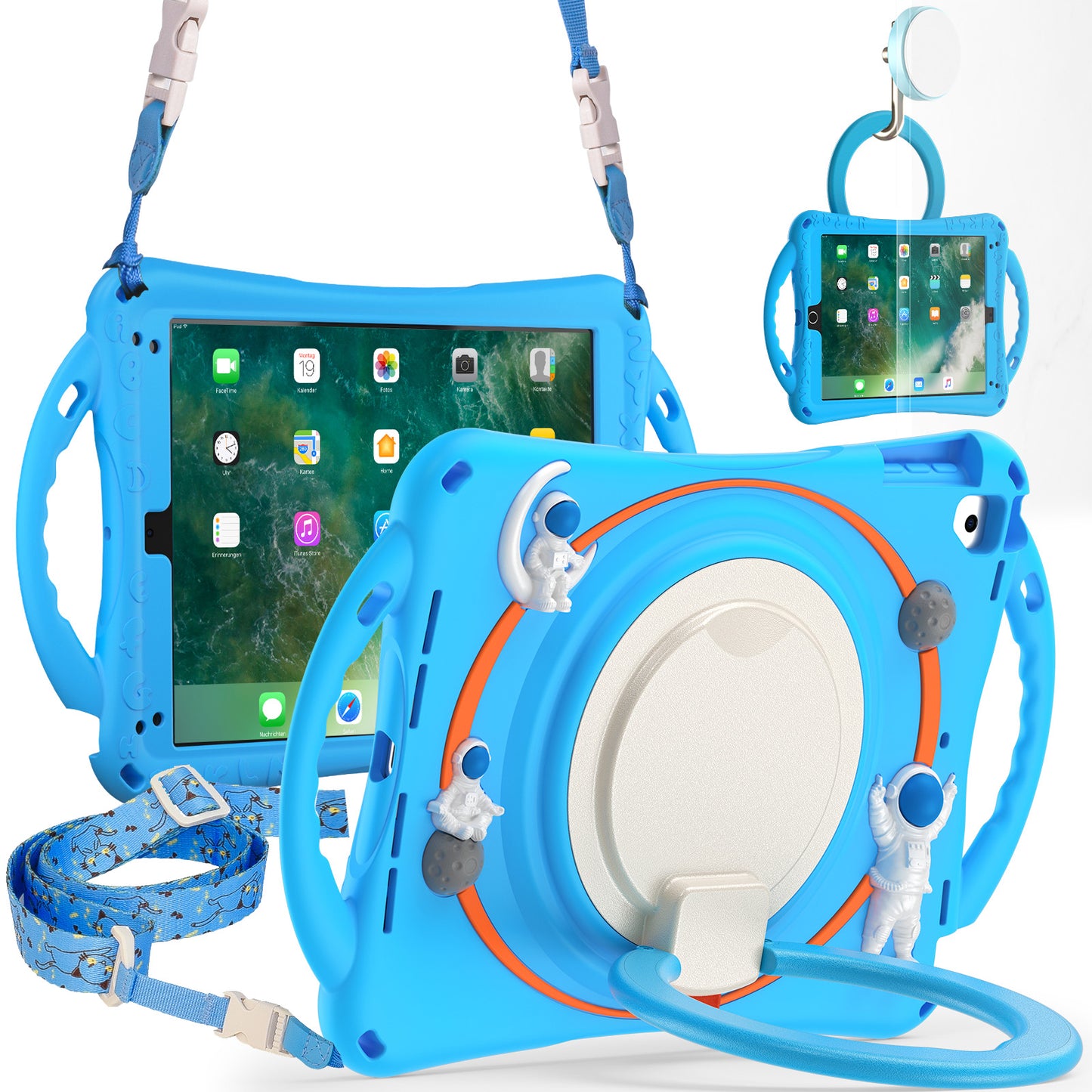 For iPad 9.7-inch (2017) / (2018) / iPad Pro 9.7 inch (2016) / iPad Air (2013) / Air 2 Tablet Case Astronaut PC+Silicone Kickstand Cover with Lanyard