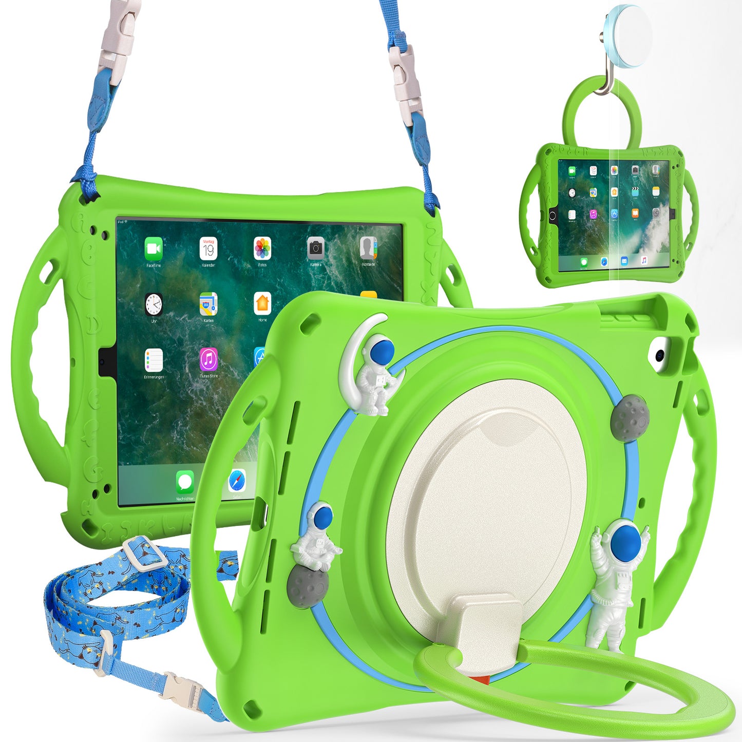 For iPad 9.7-inch (2017) / (2018) / iPad Pro 9.7 inch (2016) / iPad Air (2013) / Air 2 Tablet Case Astronaut PC+Silicone Kickstand Cover with Lanyard